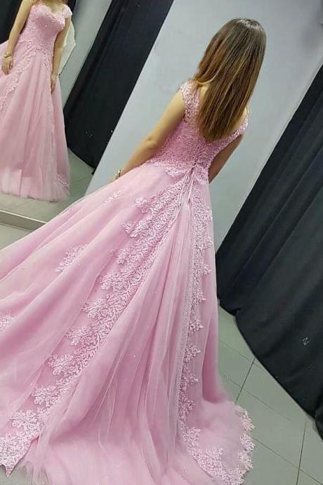 Long Pink Bridesmaid Dress Lace Applique Formal Dresses Featuring Lace Bodice With V Neckline -- Long Elegant Prom Dresses, Sexy Evening Gowns