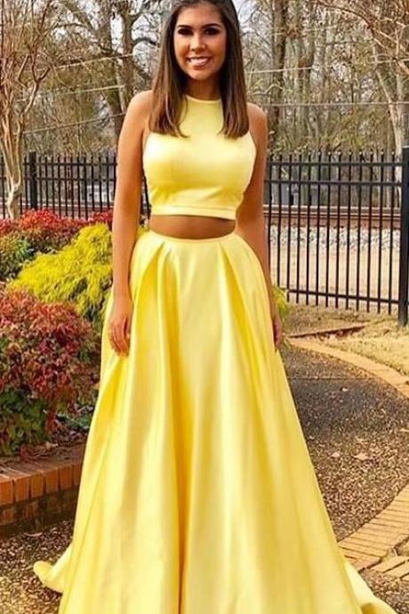 Floor Length Yellow Satin Formal Dresses Featuring Satin Bodice With Halter Neckline -- Long Elegant Two Piece Prom Dresses, Sexy Evening Gowns