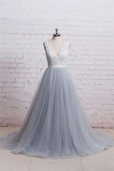 Long Grey Formal Dresses Featuring Lace Bodice With V Neckline -- Long Elegant Tulle Prom Dresses, Sexy Evening Gowns