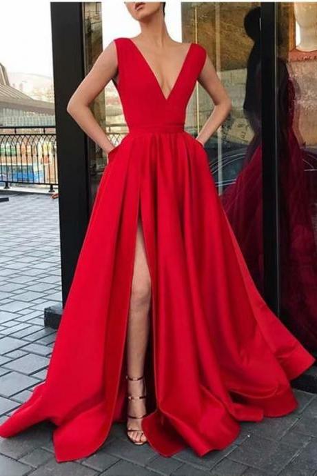 Fashion Sexy Red Formal Dresses Featuring Satin Bodice With Deep V Neckline -- Long Elegant Prom Dresses With Side Split, Sexy Evening Gowns