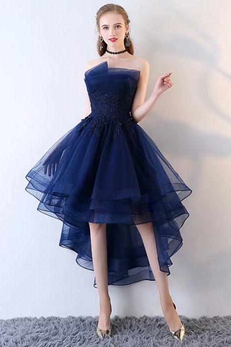 Navy Blue Prom Dress ,High Low Graduation Dresses,Short Party Dresses,Tulle Strapless Lace Applique Evening Dresses