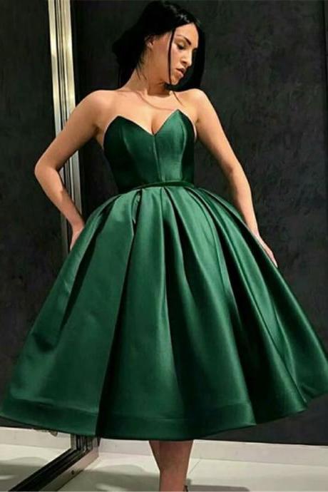 Dark Green Satin Tea Length Prom Dress , Graduation Dresses,short Party Dresses,tea Length Evening Dresses