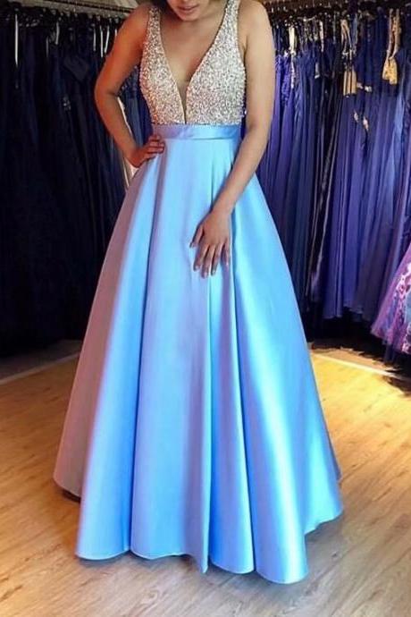 2019 Beaded Light Blue Beading A-line Prom Dresses, Prom Dress,prom Dresses For Teens,satin Evening Dresses