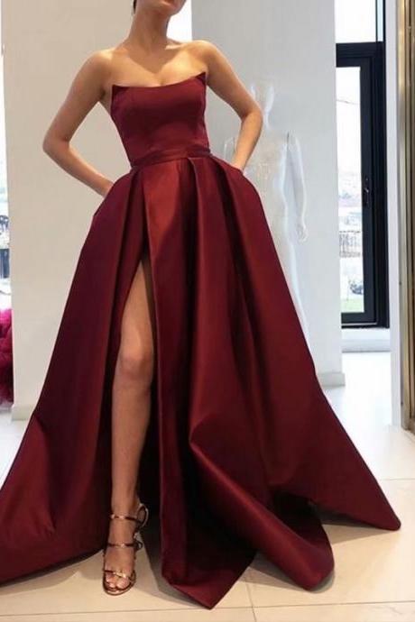 2019 Simple Burgundy A-line Prom Dresses,Cheap Prom Dress,Prom Dresses For Teens,Satin Side Split Evening Dresses