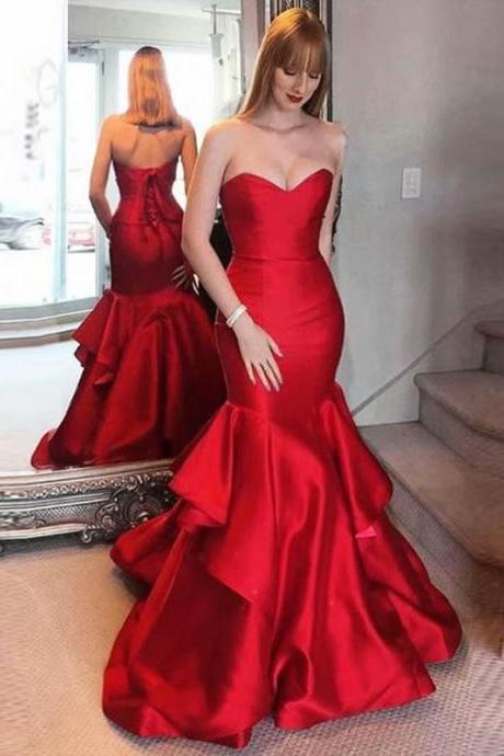 Long Red Mermaid Prom Dresses, Prom Dress,prom Dresses For Teens,strapless Satin Evening Dresses
