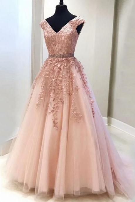 Women Dress Pink V Neck A-line Prom Dresses, Prom Dress,prom Dresses For Teens,applique Tulle Evening Dresses