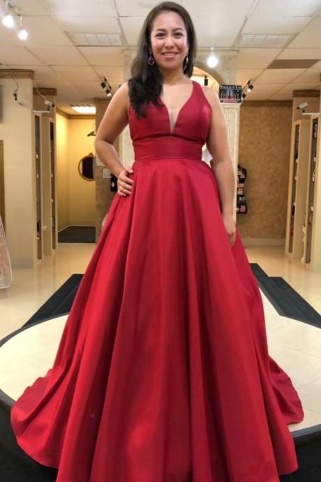 Red Women Gowns A-line Prom Dresses, Prom Dress,prom Dresses For Teens,satin V Neck Evening Dresses