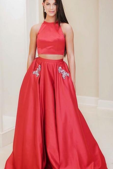 Red Evening Dress Two Piece Prom Dresses With Pockets, Prom Dress,prom Dresses For Teens,satin Evening Dresses
