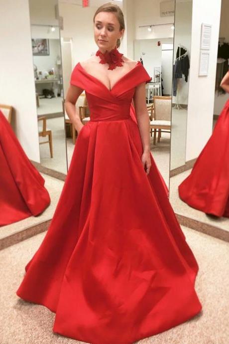 Red Evening Formal Gowns V Neck A-line Prom Dresses,Cheap Prom Dress,Prom Dresses For Teens,Satin Simple New Evening Dresses