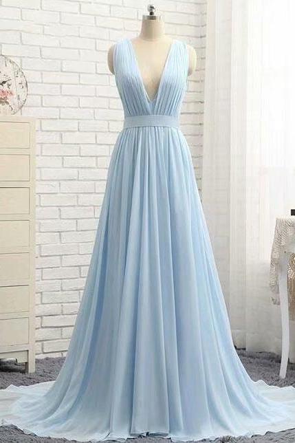 Long Light Blue Chiffon Prom Dresses,Cheap Prom Dress,Prom Dresses For Teens,Fashion A Line Evening Dresses