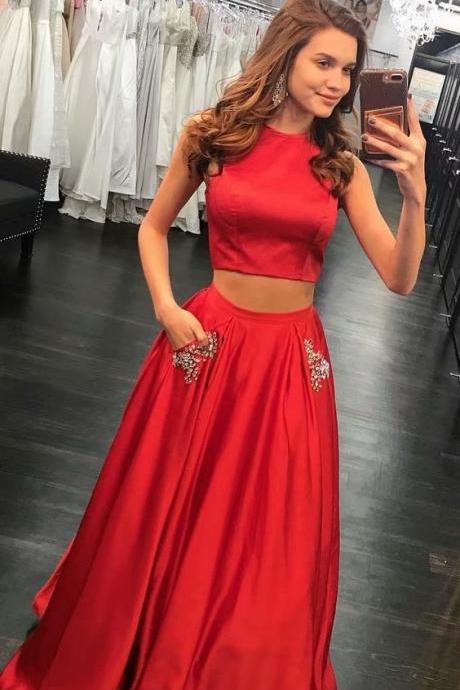 Red Two Piece A-line Prom Dresses With Pockets,Cheap Prom Dress,Prom Dresses For Teens,Satin Two Piece Evening Dresses