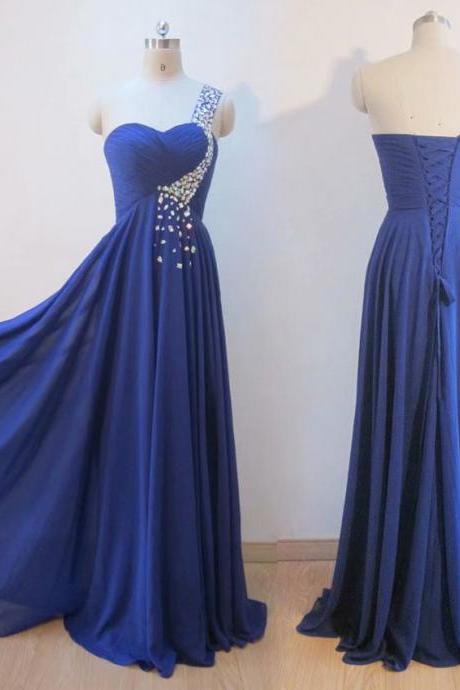 Royal Blue Evening Dress One Shoulder A-line Prom Dresses,Cheap Prom Dress,Prom Dresses For Teens,Chiffon Evening Dresses