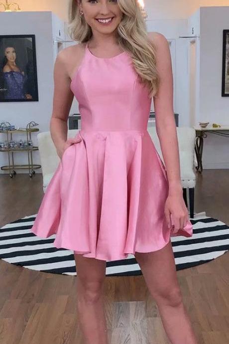 Halter Pink Short Prom Gowns Satin Homecoming Dresses Short Fashion Women Party Dresses