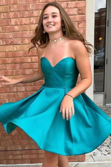 Turquoise Short Evening Formal Gowns Satin Homecoming Dresses Strapless Women Party Dresses