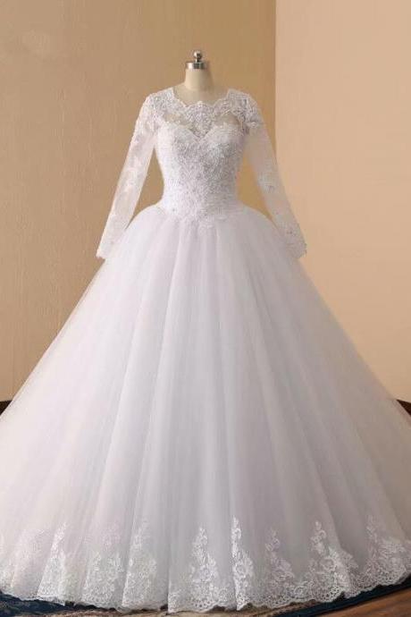 Long Sleeve Wedding Dress, Sheer Neck Wedding Dress, 2019 Wedding Dresses, Wedding Dress, Chapel Train Wedding Dress,lace Applique Wedding