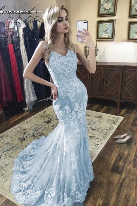 Light Blue Prom Gowns Mermaid Lace Prom Dress,V Neck Lace Applique Evening Dress