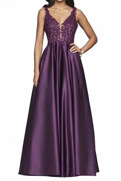 Purple Prom Gowns Lace Applique V Neck Prom Dress,Satin Lace Applique Evening Dress