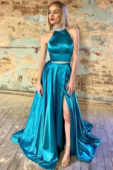 Halter Formal Gowns Two Piece Blue Prom Dress,beaded Halter Side Split Evening Dress