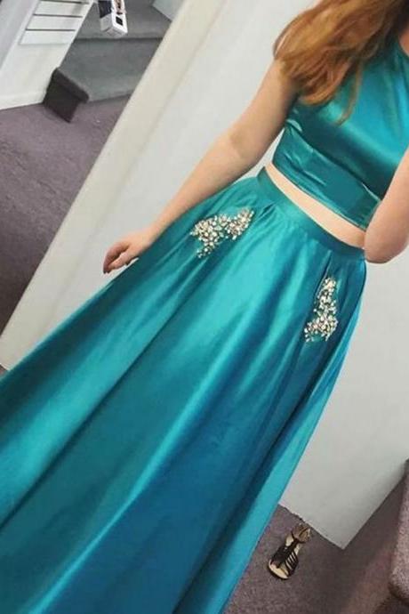 Two Satin Blue Prom Dress With Pockets,elegant Long Evening Dress