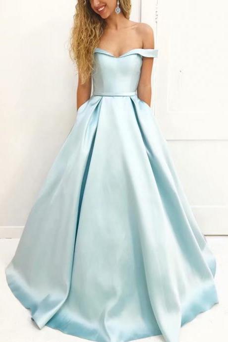 Off Shoulder Light Blue Satin Prom Dress,Long Elegant Formal Party Evening Dress