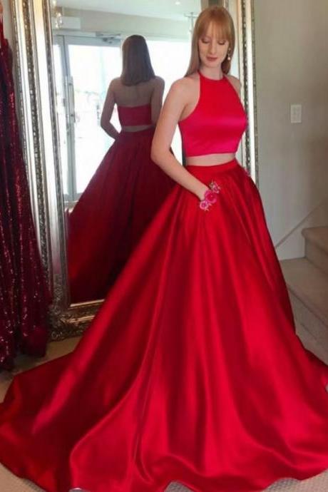 Hater Red Satin Prom Dress With Pockets,long Elegant Evening Dress