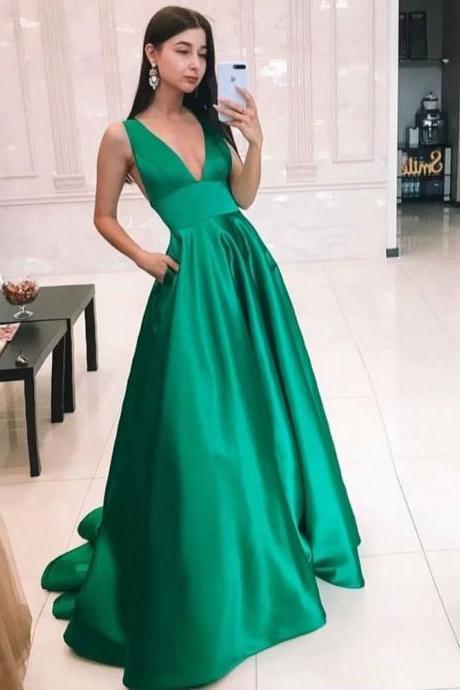 Long Elegant Party Dress Green V Neck Prom Dress, Formal Party Evening Dress