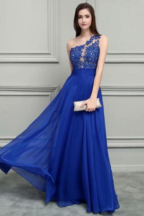 2019 Formal Dresses One Shoulder Illusion Lace Appliques Evening Dresses Beaded A Line Chiffon Royal Blue Party Dress Prom Gowns