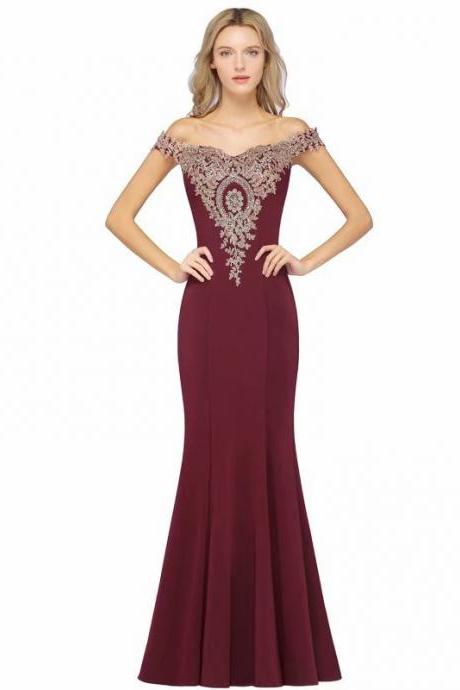 Fashion Prom Dresses 2019 Off Shoulder Lace Appliques Mermaid Burgundy Party Dress Prom Gowns