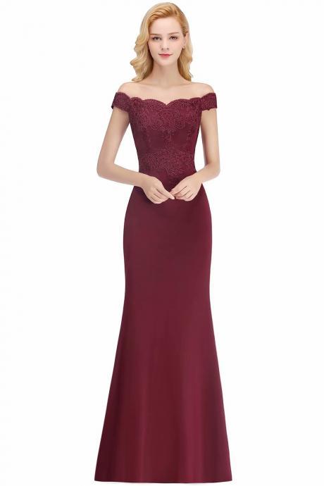 Burgundy Evening Dresses Lace Applique Off The Shoulder Mermaid Chiffon Prom Formal Gowns