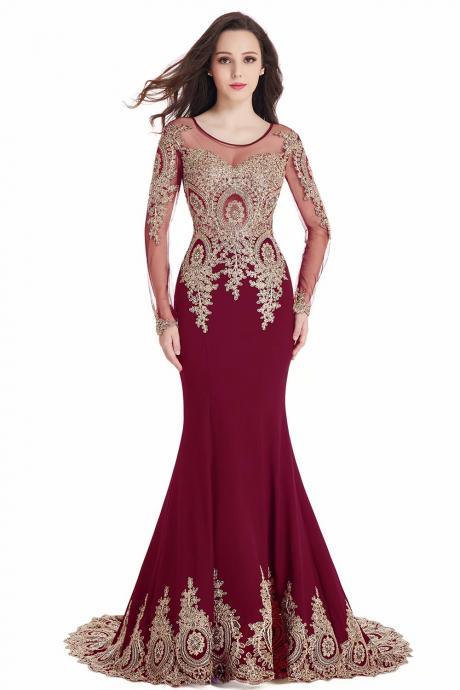 Long Sleeve Evening Dress Sheer Neck Lace Applique Burgundy Mermaid Formal Dresses