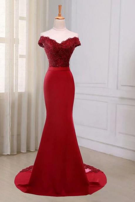 Red Prom Dresses 2019 Off Shoulder Satin Sweep Train Sleeveless Evening Gown Mermaid Zipper Vestido De