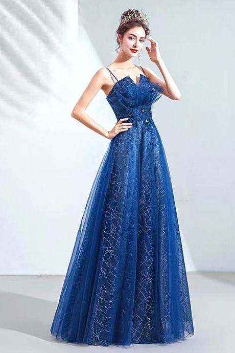 2019 Long Prom Dresses Luxury Beaded Spaghetti Straps Tulle Royal Blue Formal Evening Dress Party Gown Robe De Soiree