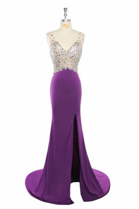 2019 Charming V Neck Sparkly Purple Prom Dresses 2019 Backless Evening Party Dress Elegant Sexy See Through High Split Vestido de Festa Real Photo