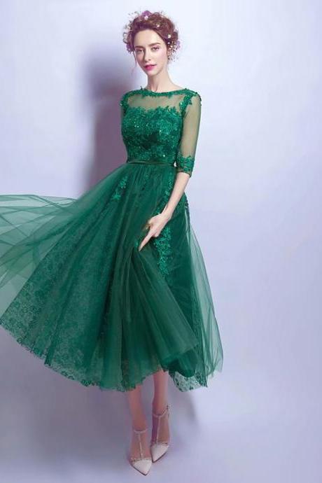 2019 Green Sexy Prom Dresses 2019 Tea Length Girl Tulle Half Sleeve Evening Dress Long Gown Zipper Party Dresses Robe De Soiree
