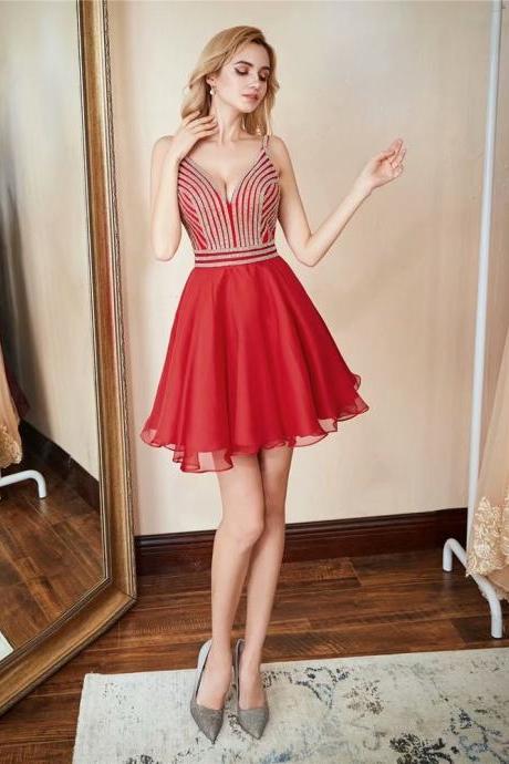 Short Evening Dress Red Sequins Pleat V-neck Formal Party Dress