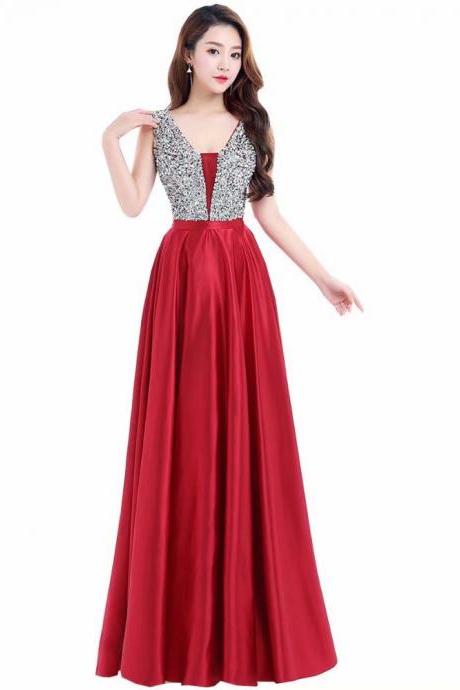 Elegant Prom Dresses Long 2019 Women's Sexy A-line Sleeveless V Neck Red Beading Evening Party Gowns
