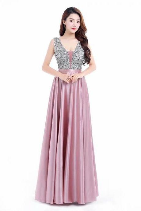 Free Shipping Elegant Prom Dresses Long 2019 Women's Sexy A-line V Neck Satin Light Pink Formal Evening Party Gowns