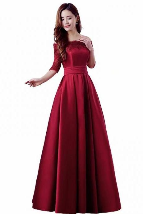 Elegant Wine Red Prom Dresses Long 2019 Women's Sexy A-line Half Sleeve Lace Evening Party Gowns