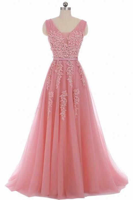 Elegant Applique Prom Dresses Long 2019 Women's Sexy A-line Sleeveless Pink Lace Tulle Evening Party Gowns