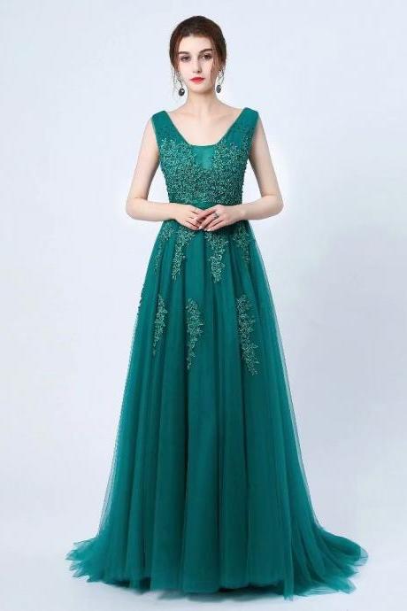 Elegant Prom Dresses Long 2019 Women's Sexy A-line Sleeveless V Neck Dark Green Lace Evening Party Gowns