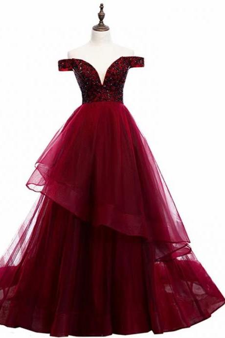 Charming Burgundy Prom Dresses Long 2019 Women&amp;#039;s Sexy A-line Tulle Lace Applique Floor Length Evening Party Gowns