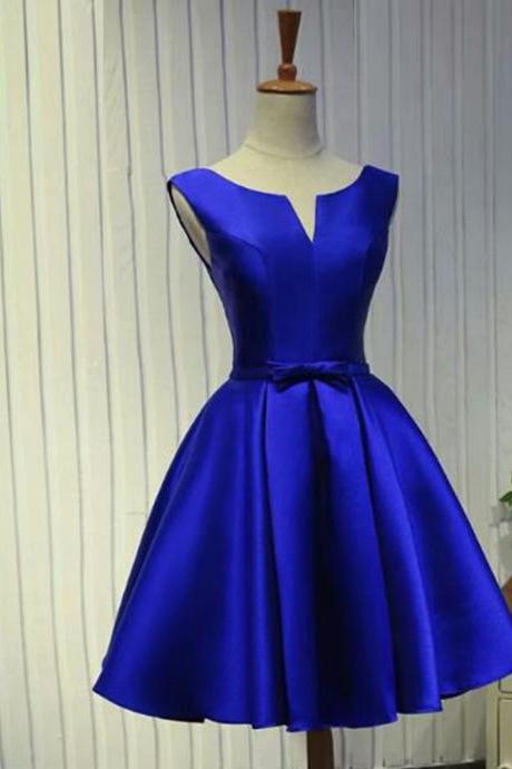 Royal Blue Satin Prom Dresses 2019 V Neck Lace-up Knee-length Prom Dress Short Evening Party Gowns