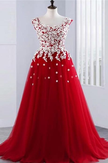 2019 Red Evening Dresses 2019 Scoop Neck Sleeveless Lace Up Sweep Train With Lace Top Custom Made Prom Dresses