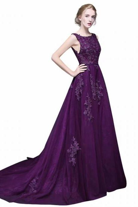 Sexy A-Line Backless Floor-Length Empire Purple Tulle Bridesmaid Dress with Chapel Train