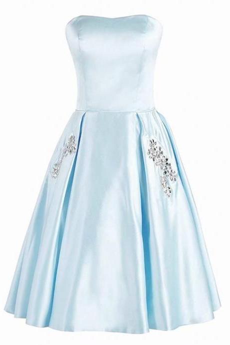 A-line Strapless Light Blue Short Empire Satin Bridesmaid Dresses With Beaded Pocket