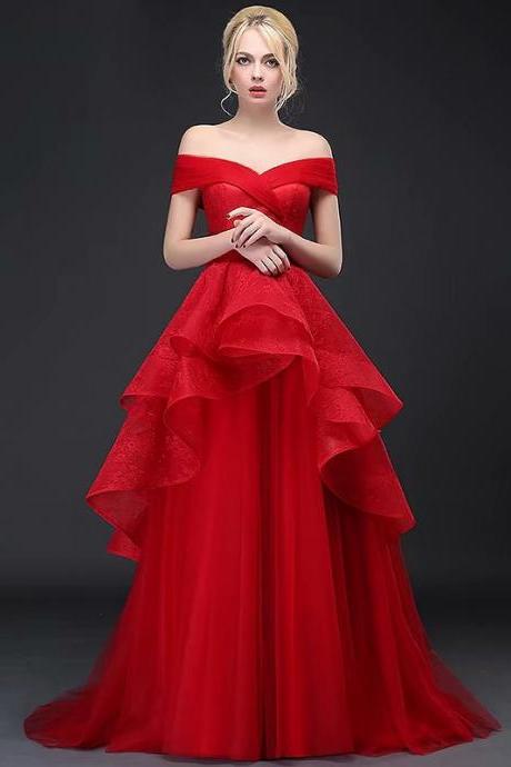 2019 New A-Line V-Neck Long Tulle Red Bridesmaid Dresses With Off Shoulder
