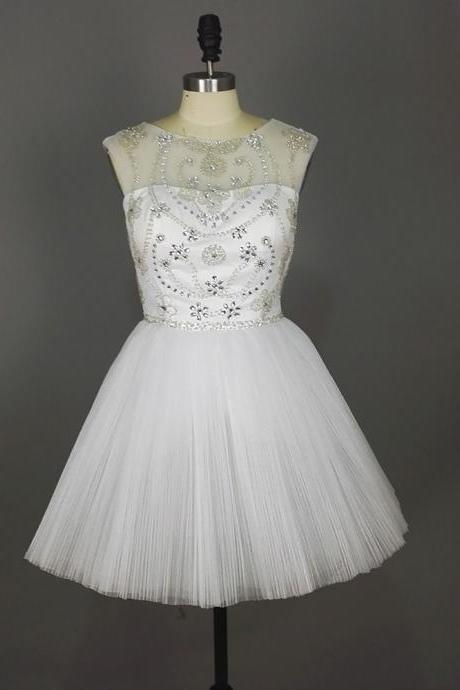 White Crystal Short Prom Dresses With Ruched Skirt Sheer Neck Organza Homecoming Dresses Short Formal Gowns Cocktail Dresses