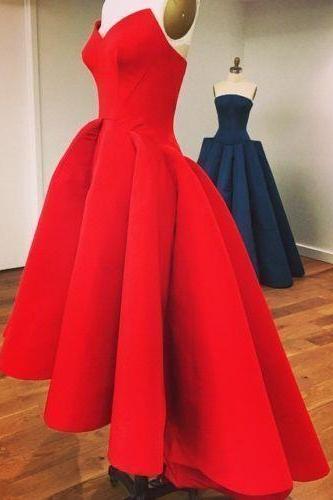 High Low Red Prom Dresses,strapless Elegant Satin Formal Dresses,front Short And Long Back Evening Gowns