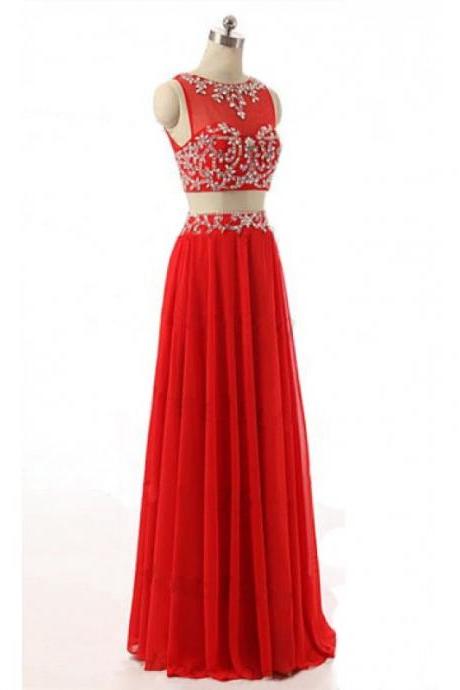Red Two Piece Prom Dresses Illusion Neckline Beaded Rhinestones Embellished Chiffon Evening Gowns With Cross Back - Formal Dresses, Party Dress 