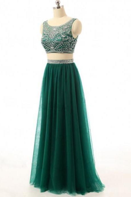 Sexy Two Piece Dark Green Beaded Prom Dresses,Luxury Sheer Neck Crystal Beaded Embellished Formal Dresses